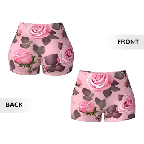 Pretty Pink Roses Pattern Sports Shorts, high Elastic Slim Fitness Pants, Suitable for Yoga/Leisure/Daily wear3