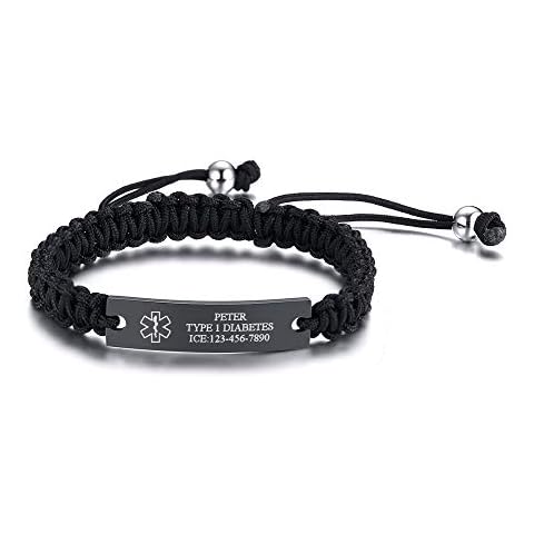 XUANPAI Custom Engraving Handmade Braided Rope Adjustable Medical Alert ID Bracelet Fits Adults & Kids Cover
