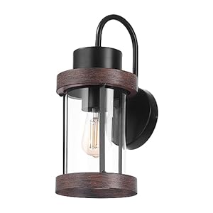 Globe electric 60000026 1 light outdoor wall sconce matte black faux wood accent clear glass shade e26 bulb required outdoor lighting modern front porch decor wall lighting outdoor light  urban country home decor