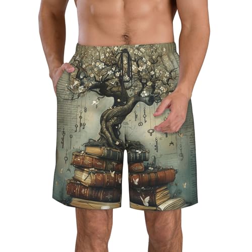 Men's Quick Dry Swim Shorts Tree and Ancient Books Magic Fantasy Vintage Beach Trunks with Pockets