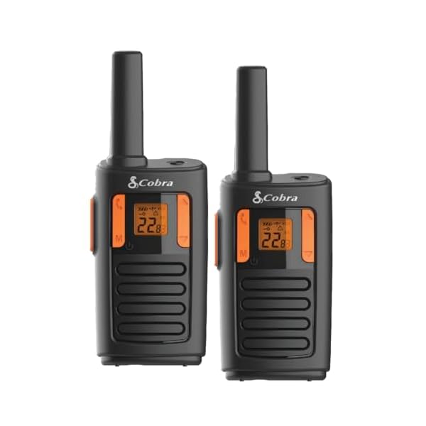 Cobra RX180 Walkie Talkies – 18-Mile Long Range Signal, 22 Preset Channels, NOAA Weather Alerts, 10 Call Tones, Voice-Activated, Compact and Reliable, 2-Pack, Orange/Black