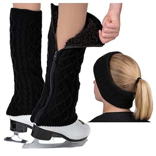 CRS Cross Leg Warmers and Headband Set for Figure Skating. Zipper Easy On / Off. Warm Knit Fleece Lined - Black Long