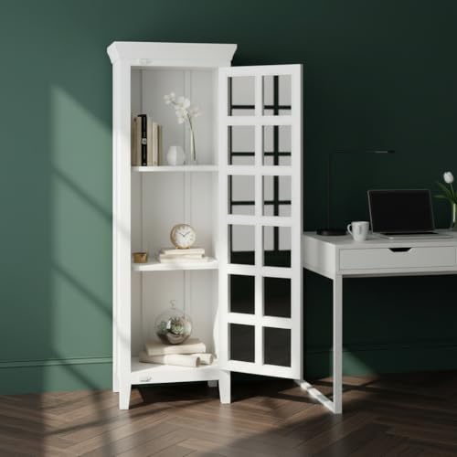 Image of APRODZ Mango Wood Crockery Cabinet with Glass Door | Wooden Kitchen Storage Cabinet for Dining Room Living Room & Bedroom | Tall Storage Cabinet with Shelves | Display Cabinet for Home, White Finish