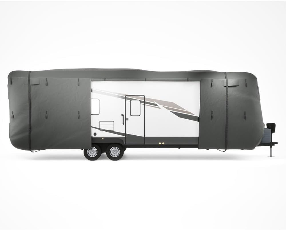 Lippert RV Cover with Gutter Covers, Reinforced Straps, Toss Bag, Adhesive Repair Patches, Ladder Cover for Short-Term Storage