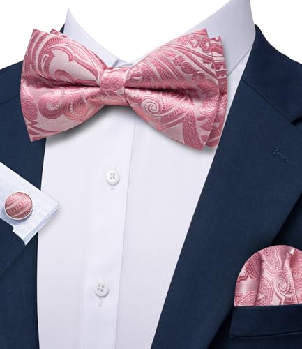 Image of Barry.Wang Paisley Striped Bow Tie for Men Silk Pre-Tied Bowtie Pocket Square Cufflinks Set Formal Wedding Party Prom