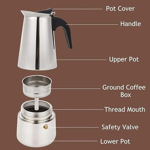 Image of Portable Stainless Steel Stove Top Espresso Coffee Maker Percolator Moka Pot Italian /Espresso /Decoction Coffee /Mocha /South Indian Filter Kaapi Home Machine (Silver) ((4-CUP) (200ML))