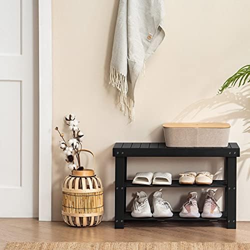 APICIZON Shoe Rack Bench with Seat, 3-Tier Bamboo Shoe Organizer, Rustic Hallway Small Storage Shelf for Living Room, Bathroom, Entryway, Black, 70 x 28 x 45 cm