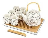 K KUMEED Japanisches Teeservice, Keramik Teeset mit Bambus Teetablett, 32oz Teekannen-Set mit Infuser, 6 Teetassen, 1 Infuser und 1 Teelöffel, modernes Teekannen-Set für Zuhause und Büro