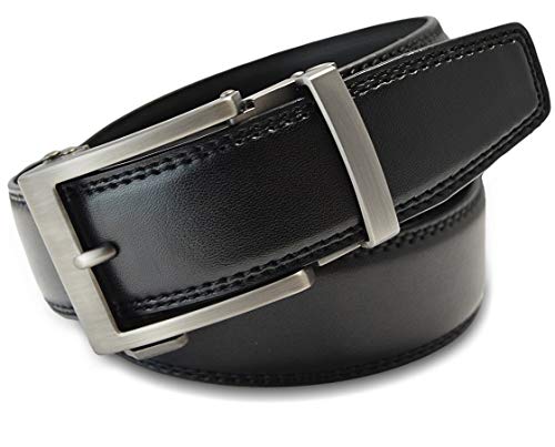 Classic Men's Leather Ratchet Click Belt - Matte Silver Buckle with Double Stitched Black Leather Ratchet Belt (Trim to Fit: Up to 43'' Waist)