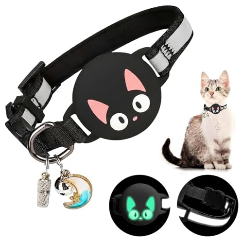 Woyinger Reflective Breakaway Cat Collar for AirTag 1st & 2nd Gen Holder - Waterproof Safety Buckle Kitten Collar with Bell, Cute Luminous Lightweight GPS Tracker Case for Apple for Air Tag (Black)