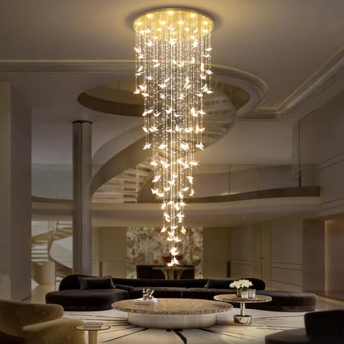 Image of ykolupty H138 High Ceiling Chandelier - Modern Crystal Raindrop Large Chandelier for Staircase Foyer Entryway Living Room - Dimmable 3000-6000K