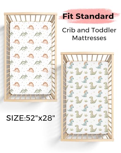 Image of Crib Sheets for Boys and Girls, 2 Pack Fitted Baby Sheets for Standard Toddler Mattress 28 inch x 52 inch, Soft Breathable Jersey Knit Baby Bedding (Tiny Dinos)