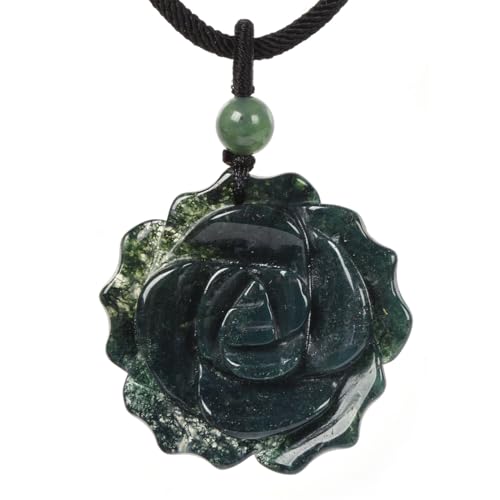 Justinstones Natural Moss Agate Carved Rose Flower 35mm Pendant Necklace Crystal Healing Reiki Chakra Jewelry Necklace 22 inch