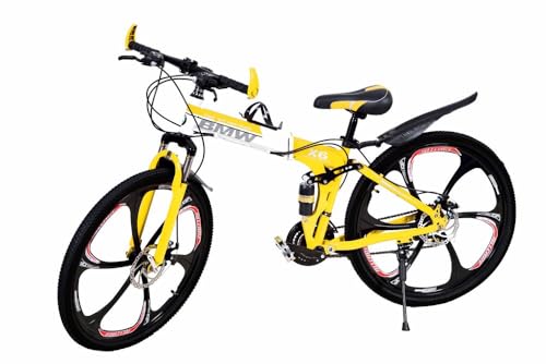 Image of Amaze Kai Dual Suspension Bikes Bm Foldable Gear Cycle for Men with 21 Speed Gear 6 Spoke | Folding Mountain Bike with Double Disc Break & Mac Wheel, 26 Inch (Yellow)
