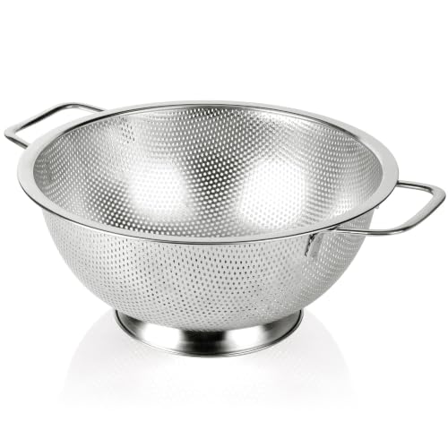 Image of KRESHU Stainless Steel Colander with Handles | Premium Micro-Perforated Kitchen Strainer, Rust-Proof, Fast Draining Basket for Pasta, Vegetables, Fruits & Rice (22.5CM)