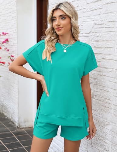 Image of LOMON Womens Fashion 2 Piece Outfits Sweatsuits 2026 Summer Short Sleeve Loungewear Tracksuit Round Neck Lounge Shorts Sets