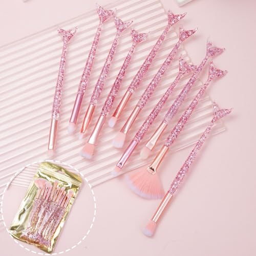 10 PCS Makeup Brushes, Pink Crystal Glitter Blush Highlight Eye Shadow Eyebrow Concealers Brush Set with Sequins, Handle Professional Synthetic Fiber Make up Brush, Gift for Girls & Women