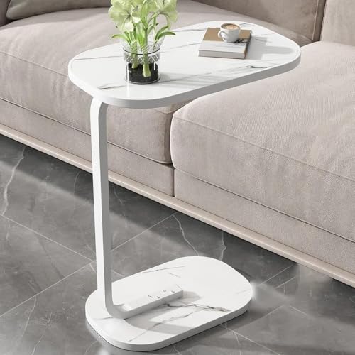 Image of Side Table Stands Couch Side, Swivel TV Tray Table, C-Shaped End Table, Small Center Table for Home Office for Bedroom, Living Room | Closet with Dustproof Door (Oval White Marble)