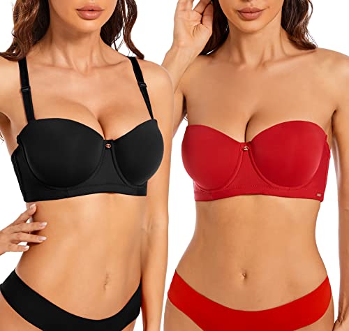 SHEKINI Sujetador balconette para mujer, sin tirantes, push up, con aros, tirantes extraíbles, paquete de 2, 1 negro y 1 rojo, C
