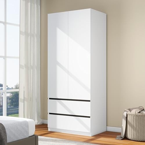 Tall White Wooden Double-Drawer Armoire