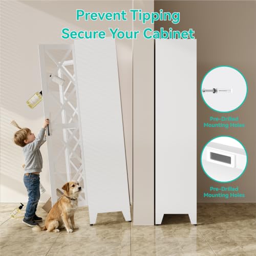 Image of Metal Storage Cabinet with Glass Doors and Adjustable Shelves | 71 inch Tall Pantry Cabinet for Kitchen Dining Room Bathroom Garage,White,1 Pce