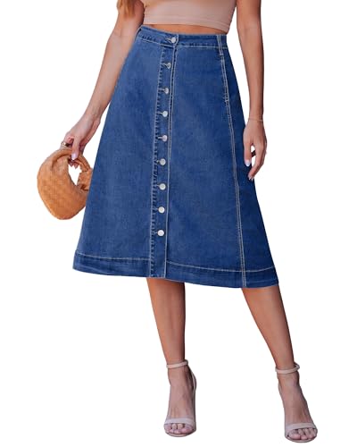 luvamia Women's Blue Denim Midi A-Line Skirt – Casual Stretch Button-Down – Size Medium (US 8-10)
