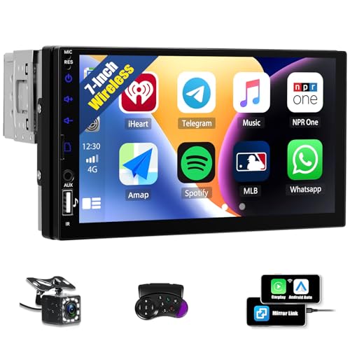 CAMECHO Autoradio 1 Din Wireless Carplay Android Auto Bluetooth Radio con Telecamera Posteriore, 7 Pollici LCD Touchscreen HD Schermo con Mirror Link Controllo del Volante +USB AUX SD Card Connettori
