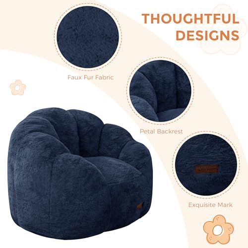 Image of MAXYOYO Kids Bean Bag Chair, Floral Shaped Bean Bag Sofa, Plush Faux Fur Toddler Couch with Petal Backrest for Boys Girls, Stuffed Cozy Sofa for Nursery, Bedroom, Navy