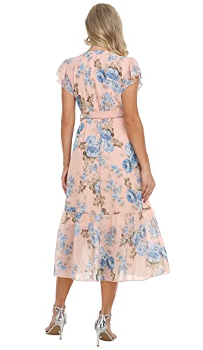 Image of VintageClothing Womens Sundress Casual Floral Summer Boho Dress | Flowy Wrap V Neck Ruffle A-Line Pleated Hem Midi Dresses