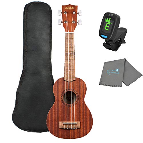 Kala KA-15S Ukulele Satin Mahogany Soprano Bundle with a Ukulele Tote Bag, Tuner, and Lumintrail Polishing Cloth