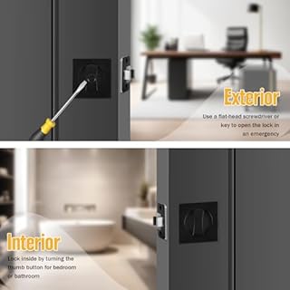 Matte Black Pocket Door Lock Zinc Alloy Pocket Door Latch, Double-Sided Sliding Door Handle Invisible Keyless Flush Pocket Door Hardware for Privacy Sliding Door, 2-3/8" Backset (Square)