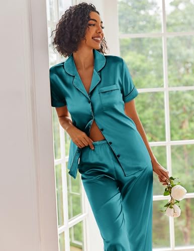 Image of Ekouaer 2 Piece Satin Short Sleeve Pajamas Set Button Down Sleepwear | Soft Pjs Set Classic Loungewear for Wedding, Party, Home, Daily Wear, Date Nights