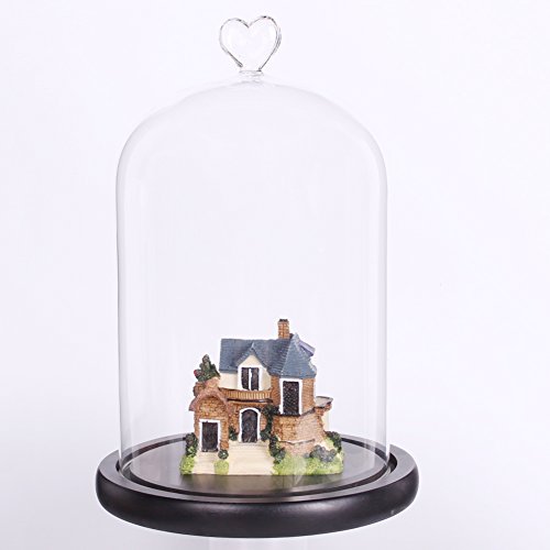 Moonlear Clear Glass Dome Display Case Heart Handle Cloche With Wood Base Dia 6" H 8.5" (Black Wood Base) #TOP1