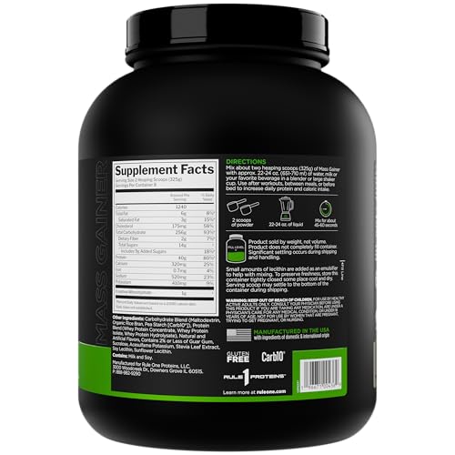 rule 1 mass gainer - high-calorie weight gain formula with 1220 calories 250g complex carb blend 40g all-whey protein per serving 8 servings vanilla crme