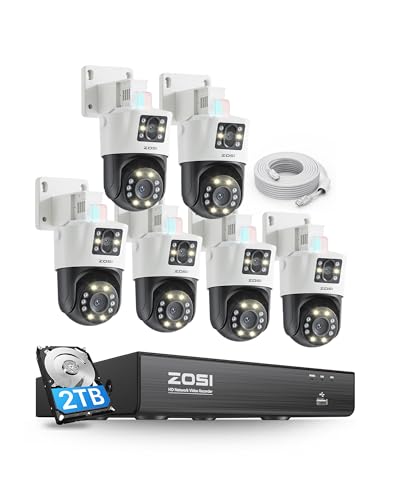 ZOSI 4K Dual-Lens PoE Security Camera System, 6 x 4K 8MP Pan/Tilt (2x4MP) PoE 360 Camera Outdoor, Person/Vehicle Detect, Spotlight Siren, Color Night Vision, 8CH 8MP NVR with 2TB HDD (16CH Expandable)