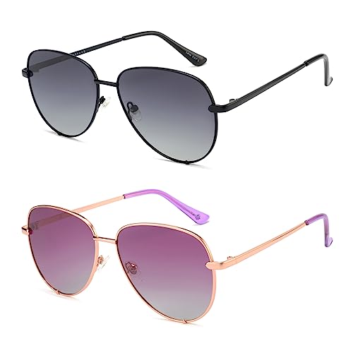 2 pack Oversized Polarized Aviator Sunglasses for Women Men,Gradient Smoke and Purple UV Protection VF2232BC