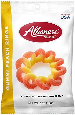 Albanese World's Best Gummi Peach Rings, 7oz Bag of Candy (Pack of 12)