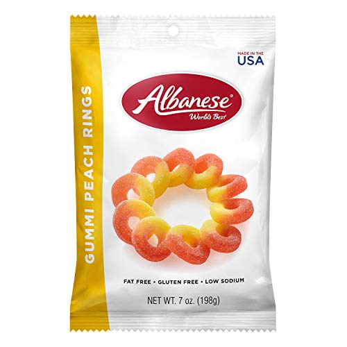 Albanese World's Best Gummi Peach Rings | 7oz Bag of Candy, Pack of 12 | Gluten Free, Fat Free, Soft & Chewy Gummy | Perfect as a Garnish for Parties, Including in a Dessert Bar, & Crafts with Kids