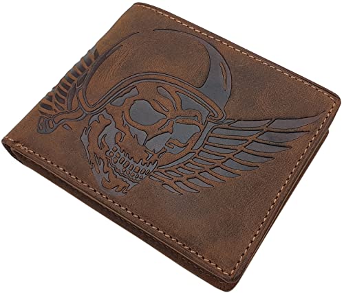 Porte-monnaie cuir de buffle marron tête de mort cadeau homme original