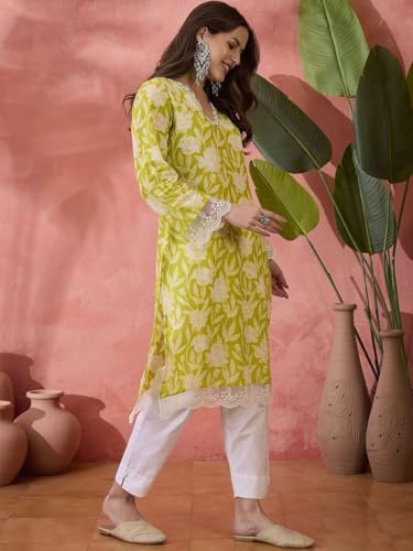 Image of Women's Floral Printed Cotton Afgani Kurta with Lace Detail Full Sleeves