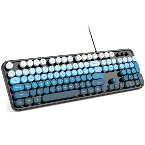 Image of MOWUX Computer Keyboard Wired, Plug and Play USB Retro Round Typewriter Keyboard, Full Size Wired Keyboard with Foldable Stands for Laptop and Office PC- Black Blue Gradient