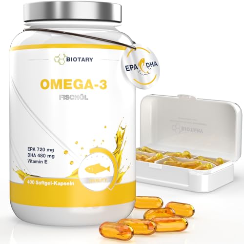 Omega 3 Fischöl 400 Kapseln, Hochdosiert 4000mg, Pillenbox, 720mg EPA + 480mg DHA pro Tagesdosis, Ohne Zusätze, sehr hohe Reinheit und Bioverfügbarkeit
