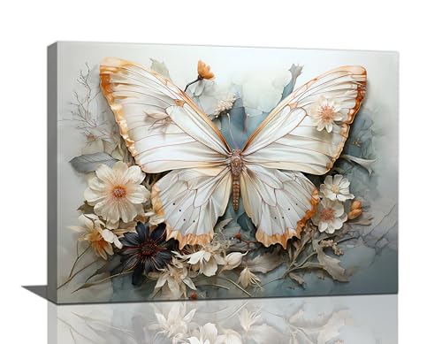 Butterfly Flower Decor Wall Art Aesthetic Butterflies Pictures Wall Decor Abstract Butterfly Floral Canvas Painting Modern Artwork Decorations Framed for Bathroom Living Room Bedroom Office 16x12 inch