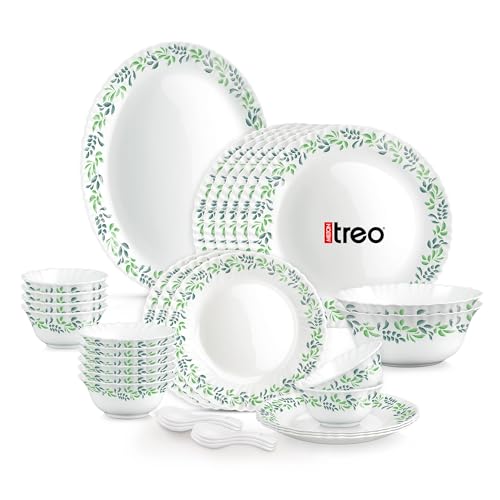 Image of Treo by Milton Opalware Aurelia Verdinia Dinner Set of 33 | Serving for 6 | Microwave & Dishwasher Safe | Bone-Ash Free | Tempered Toughness | Plates, Bowls, Spoons | Crockery Set for Dining & Gifting
