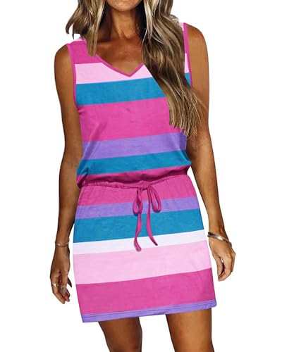 Image of AUSELILY Womens Summer Sleeveless V-Neck Drawstring Waist Beach Cover up Mini Short Swing Dresses with Pockets
