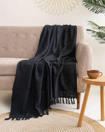 Image of Cotton Black Tasseled Throw Blanket | Sofa Throw 50x60 Inch, 127x 152 cm | Reversible, Breathable and Lightweight (Pack of 1)