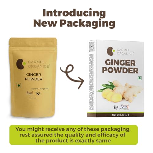 Image of CARMEL ORGANICS Ginger Dried Root Powder (340 Grams)| Zingiber officinale | NON-GMO | No Added Preservatives | Sukku Podi | Dry Sonth /Adrak Powder for Cooking and Health