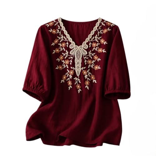 Image of RIEKA Womens Embroidered Korean Style Tunic Top, Floral Thread Work | V Neck | Puff Sleeves | Relaxed Fit Casual | Fusion Rayon Top for Every Day Styling