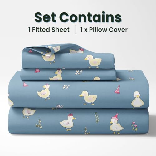 Image of LORETO - A QUALITY LINEN BRAND 144 TC 100% Pure Cotton Single Fitted Bedsheet with 1 Pillow Cover for 72 x 36 Inch Mattress, All-Around Elastic, 8 Inch Deep Pocket, Pastel Blue Duck Party