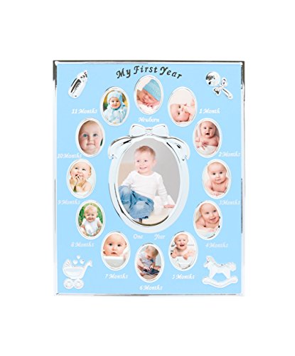 tiny ideas Baby's First Year Keepsake Picture Photo Frame, Silver/Blue